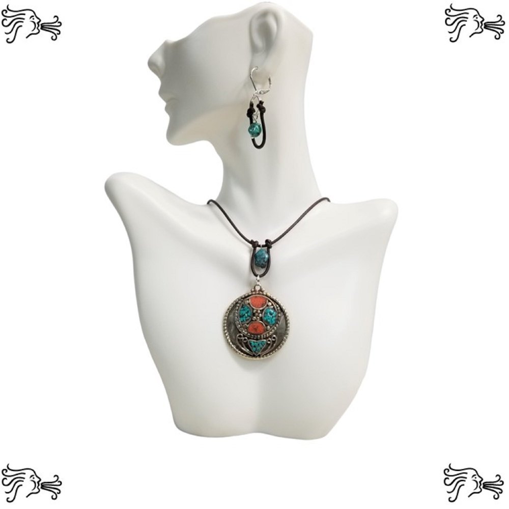 Tibetan Turquoise Coral Choker Necklace & Earrings Brown Leather Circular Shape
